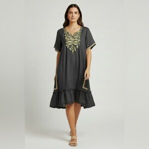 Velvet Charcoal Dress with Gold Embroidery